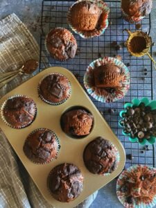 Eggless Double Chocolate Chunk Muffins